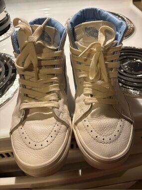 VINTAGE VANS UNISEX SK8-HI LEATHER BLANC DE BLANC BLUE AND WHITE HITOPS